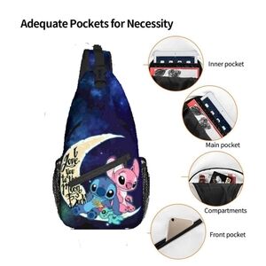 6   Stitch & Angel Moon Print Navy Crossbody Sling Bag - Cute Galaxy Design